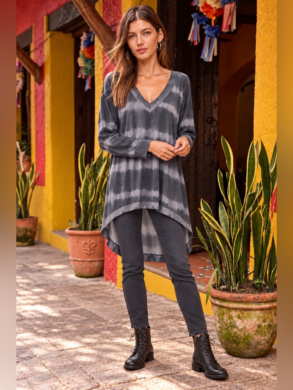 Pete & Greta for T Johnny Was Blue Tie Dye V-Neck Tunic Top XS NWT